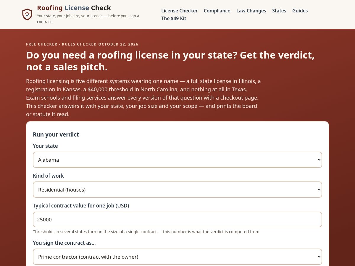 Landing-page snapshot of roofinglicensecheck.com