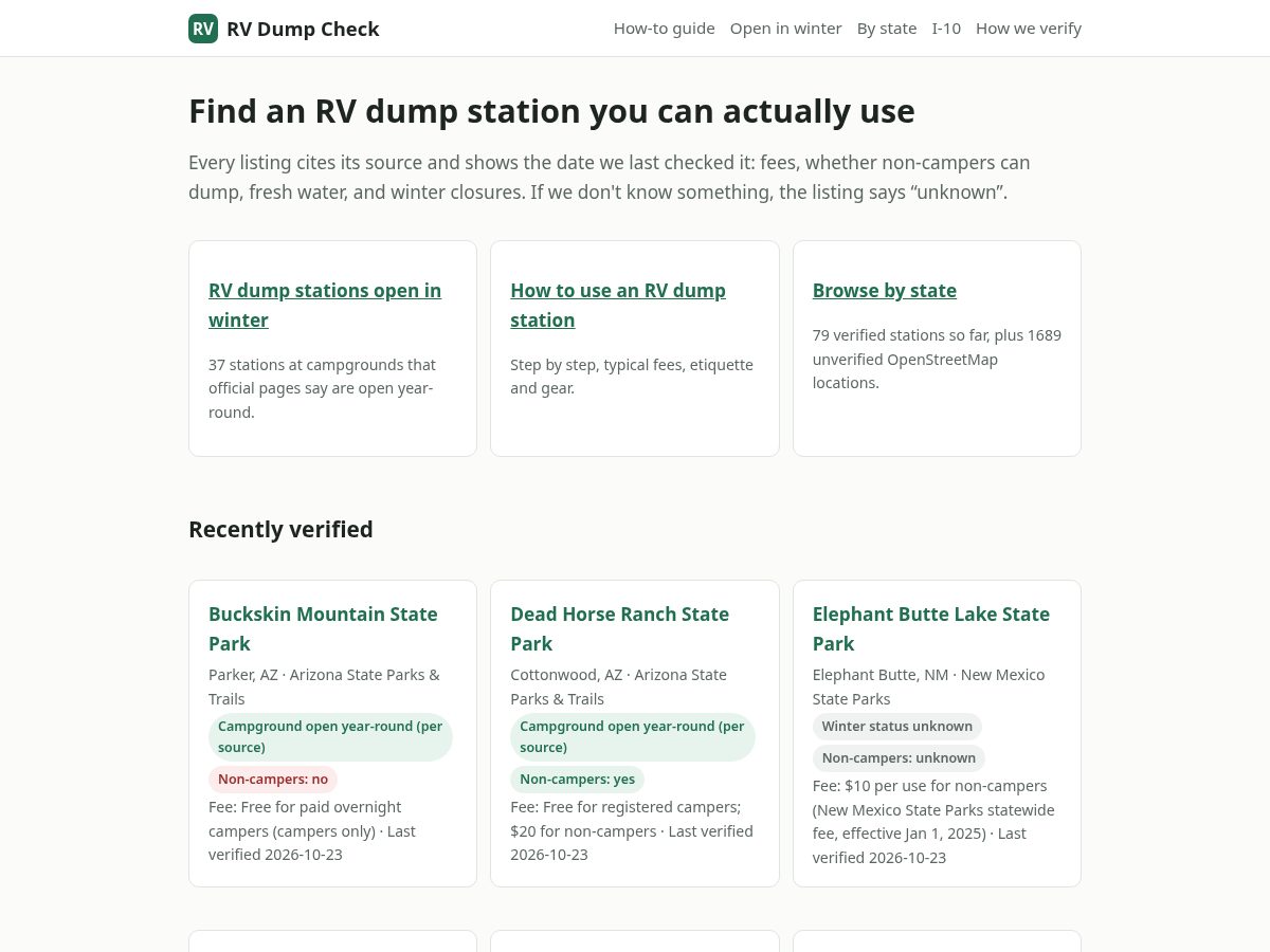 Landing-page snapshot of rvdumpcheck.com