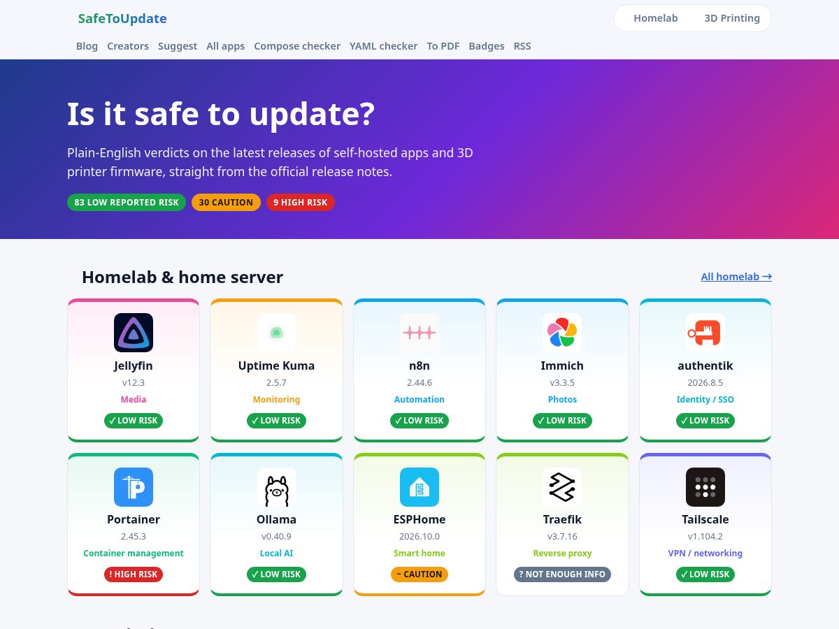 Landing-page snapshot of safetoupdate.dev
