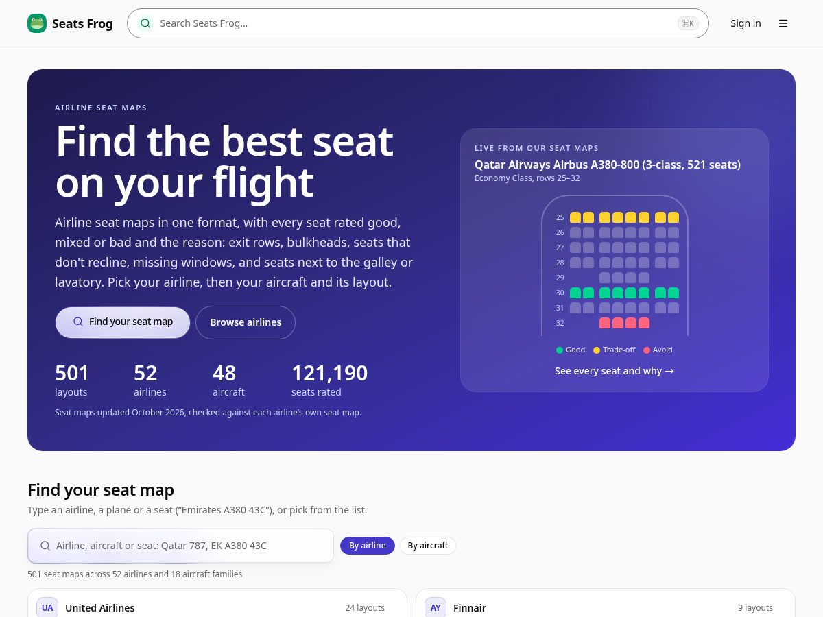 Landing-page snapshot of seatsfrog.com