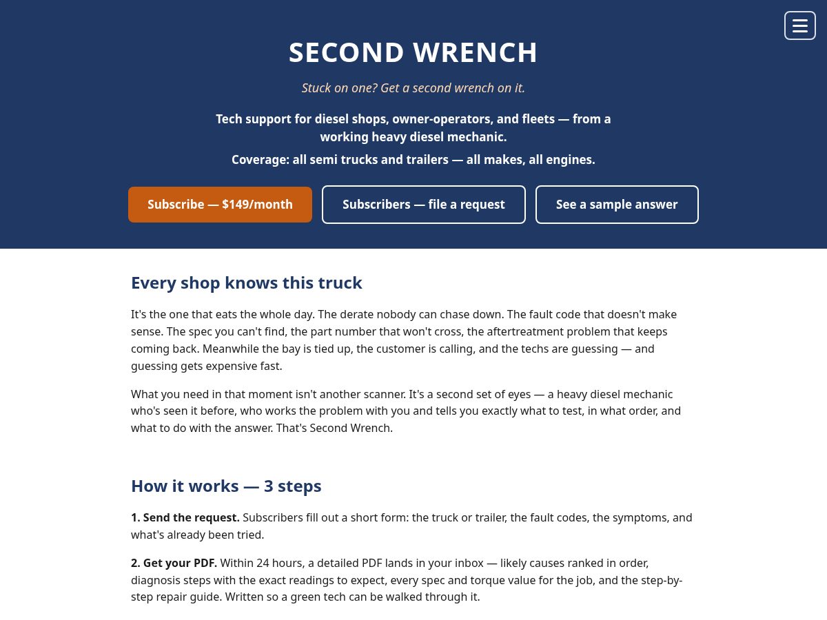 Landing-page snapshot of secondwrenchdiesel.com