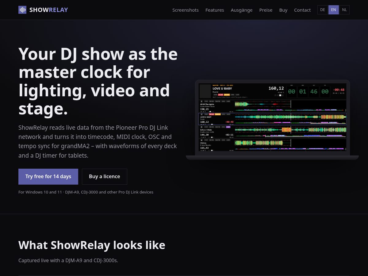 Landing-page snapshot of showrelay.lighting