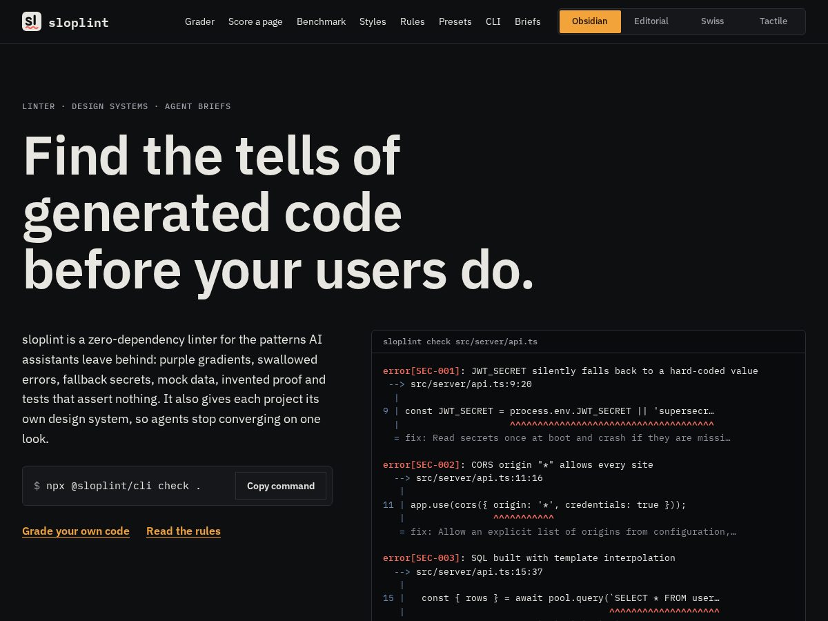 Landing-page snapshot of sloplint.xyz