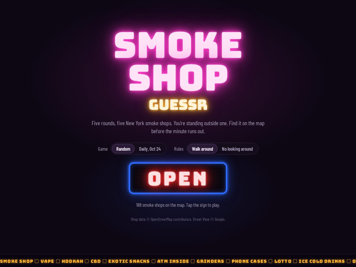 Landing-page snapshot of smokeshopguessr.com