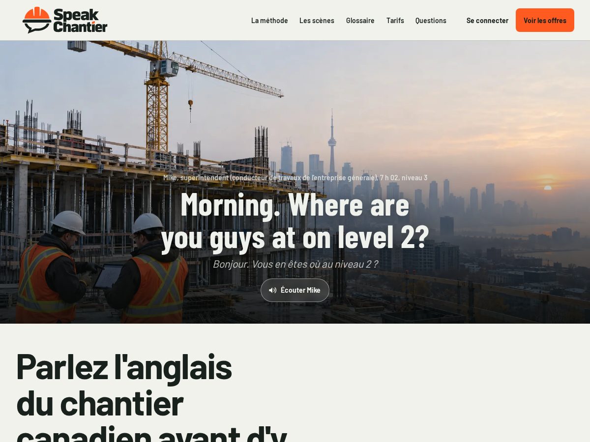 Landing-page snapshot of speakchantier.com