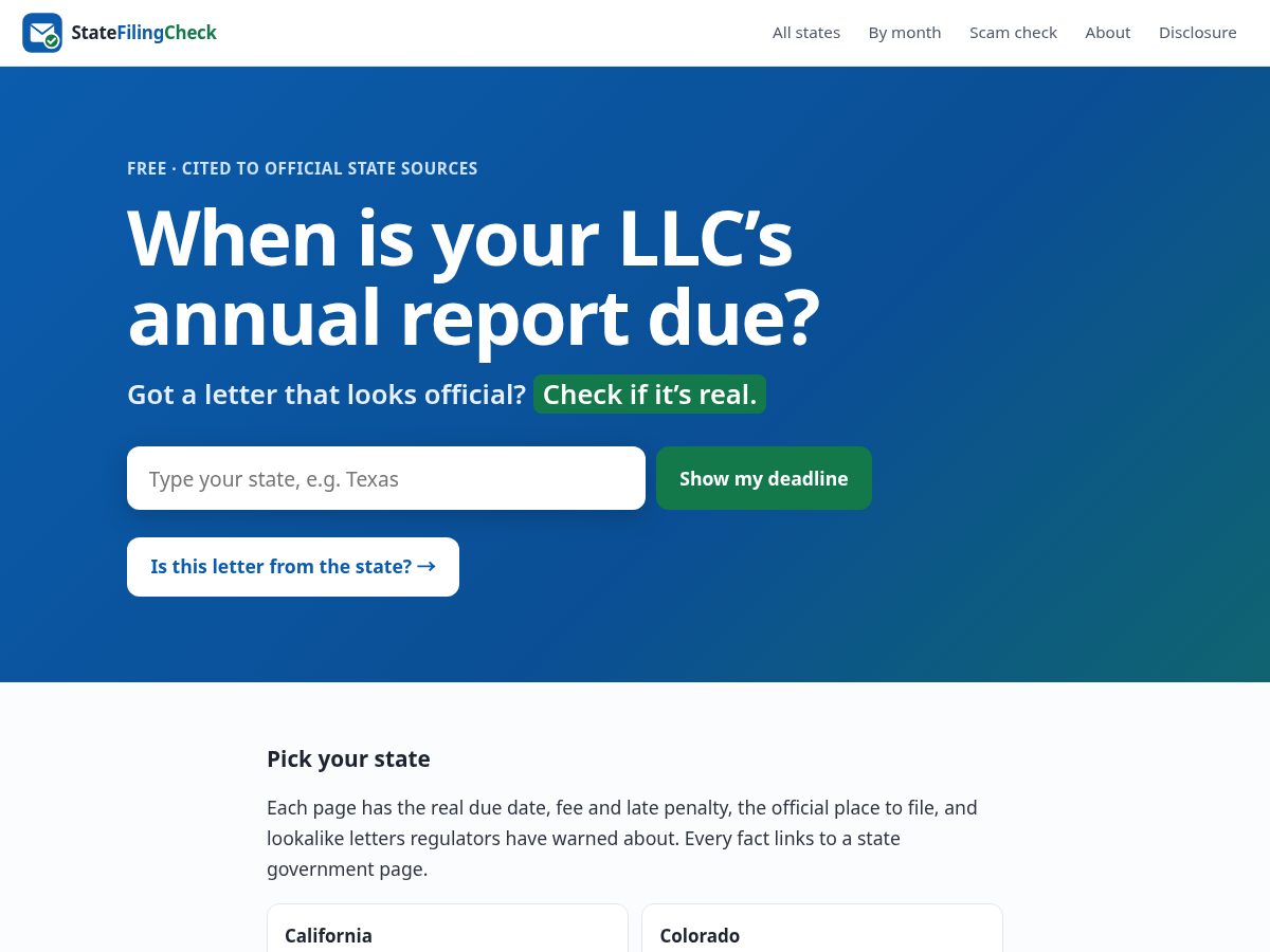 Landing-page snapshot of statefilingcheck.com