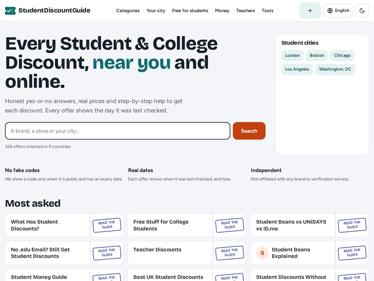 Landing-page snapshot of studentdiscountguide.org