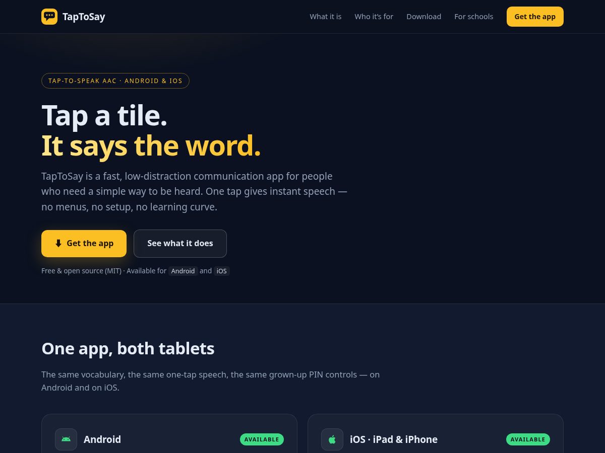 Landing-page snapshot of taptosay.com