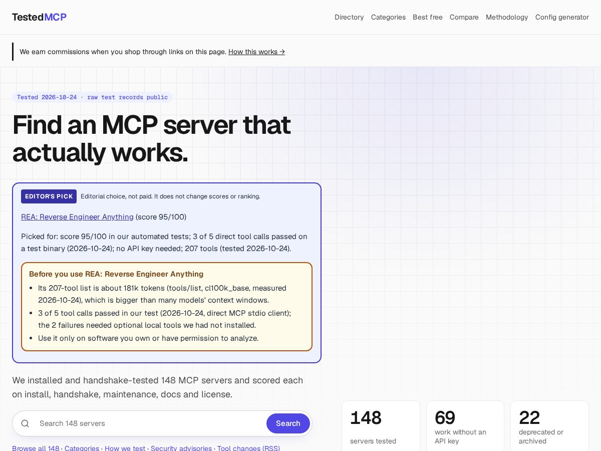 Landing-page snapshot of testedmcp.com