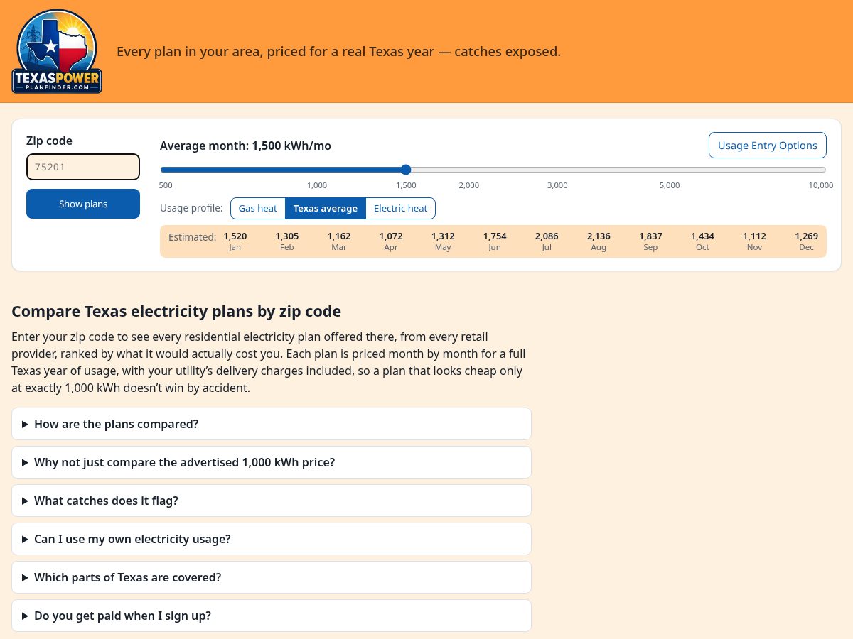 Landing-page snapshot of texaspowerplanfinder.com
