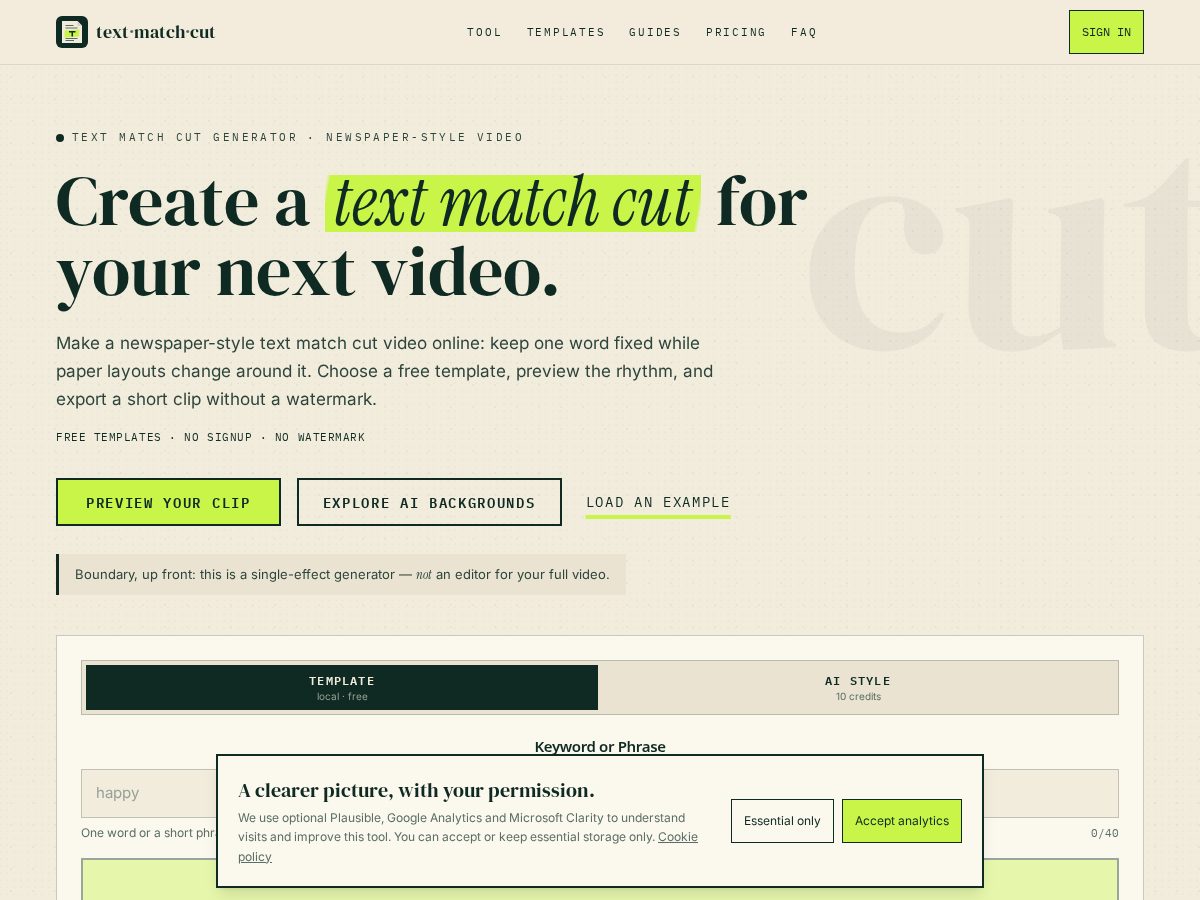 Landing-page snapshot of textmatchcutmaker.com