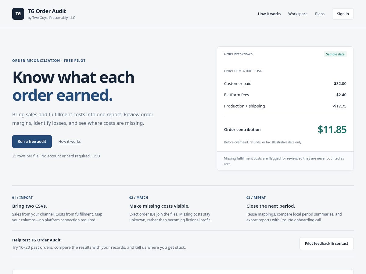 Landing-page snapshot of tgorderaudit.com