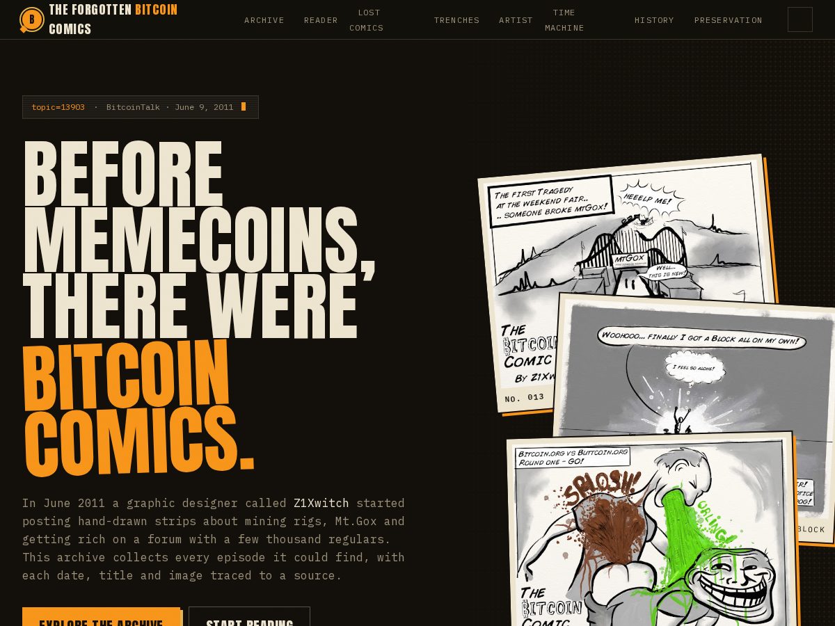 Landing-page snapshot of theforgottenbitcoincomics.fun