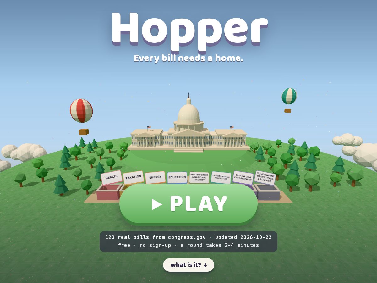 Landing-page snapshot of thehoppergame.com