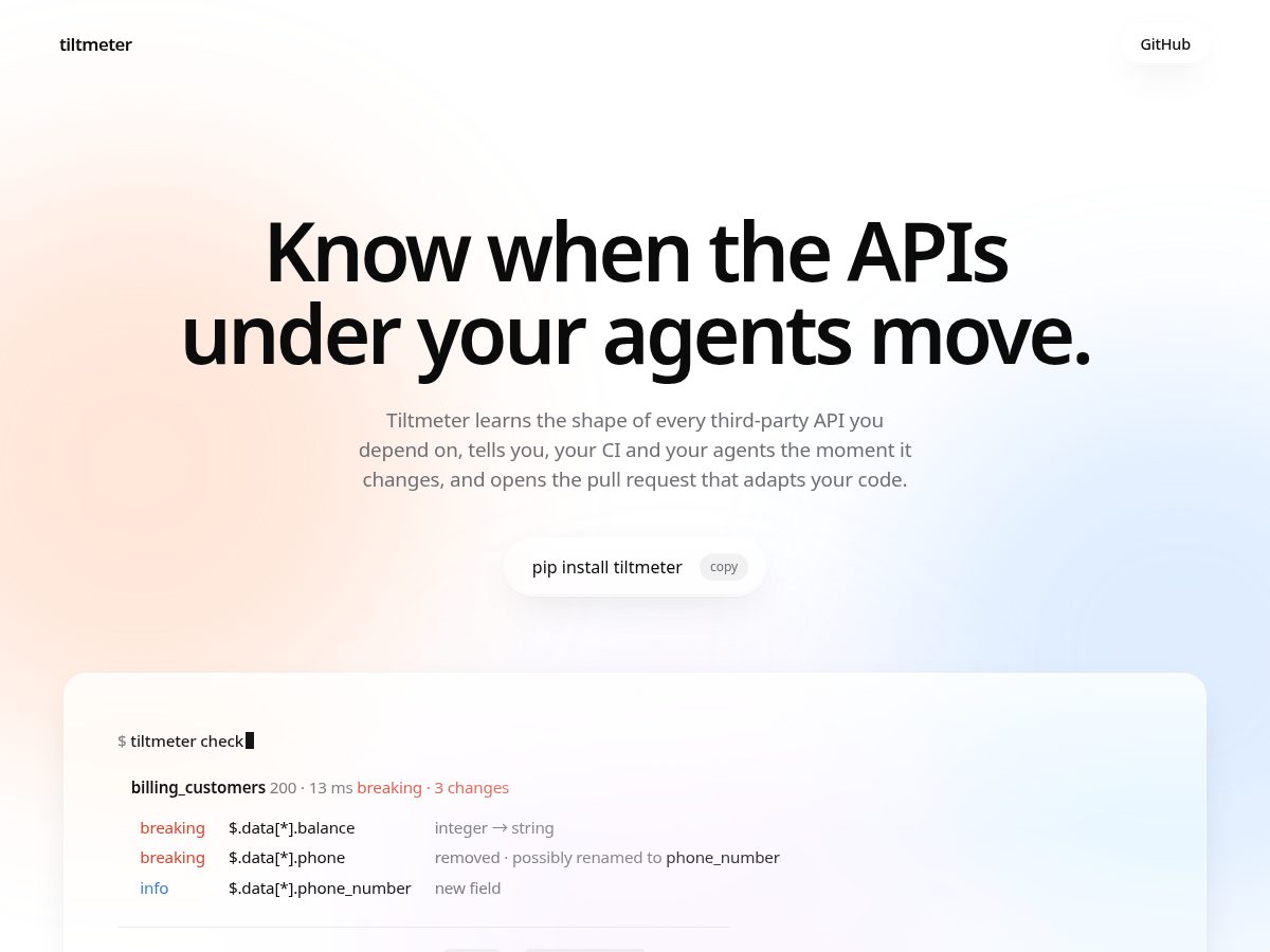 Landing-page snapshot of tiltmeter.dev