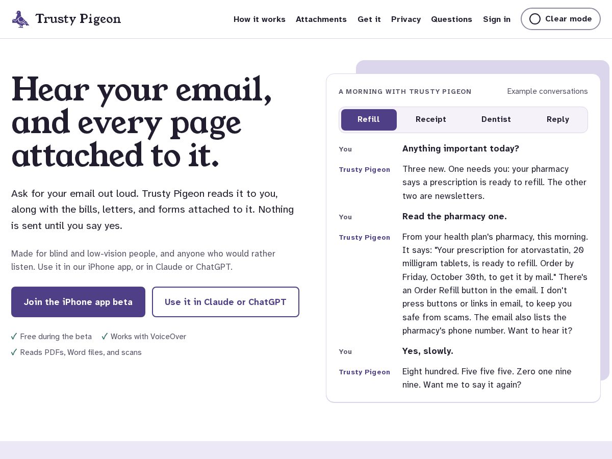 Landing-page snapshot of trustypigeon.com