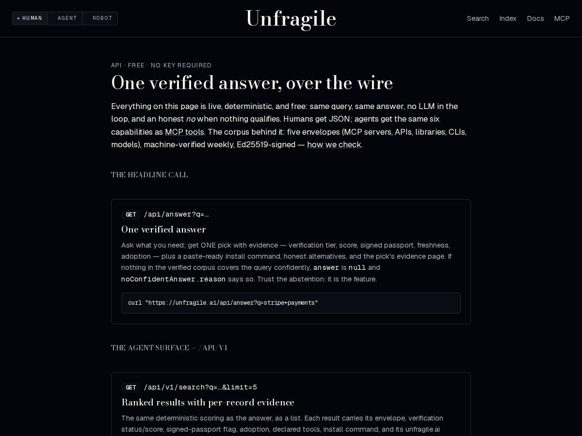 Landing-page snapshot of unfragile.dev