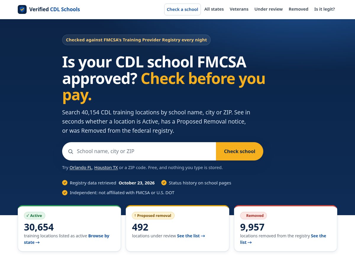 Landing-page snapshot of verifiedcdlschools.com