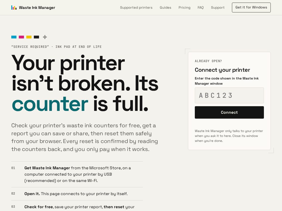 Landing-page snapshot of wasteinkmanager.com