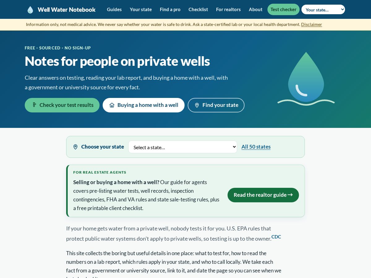 Landing-page snapshot of wellwaternotebook.com