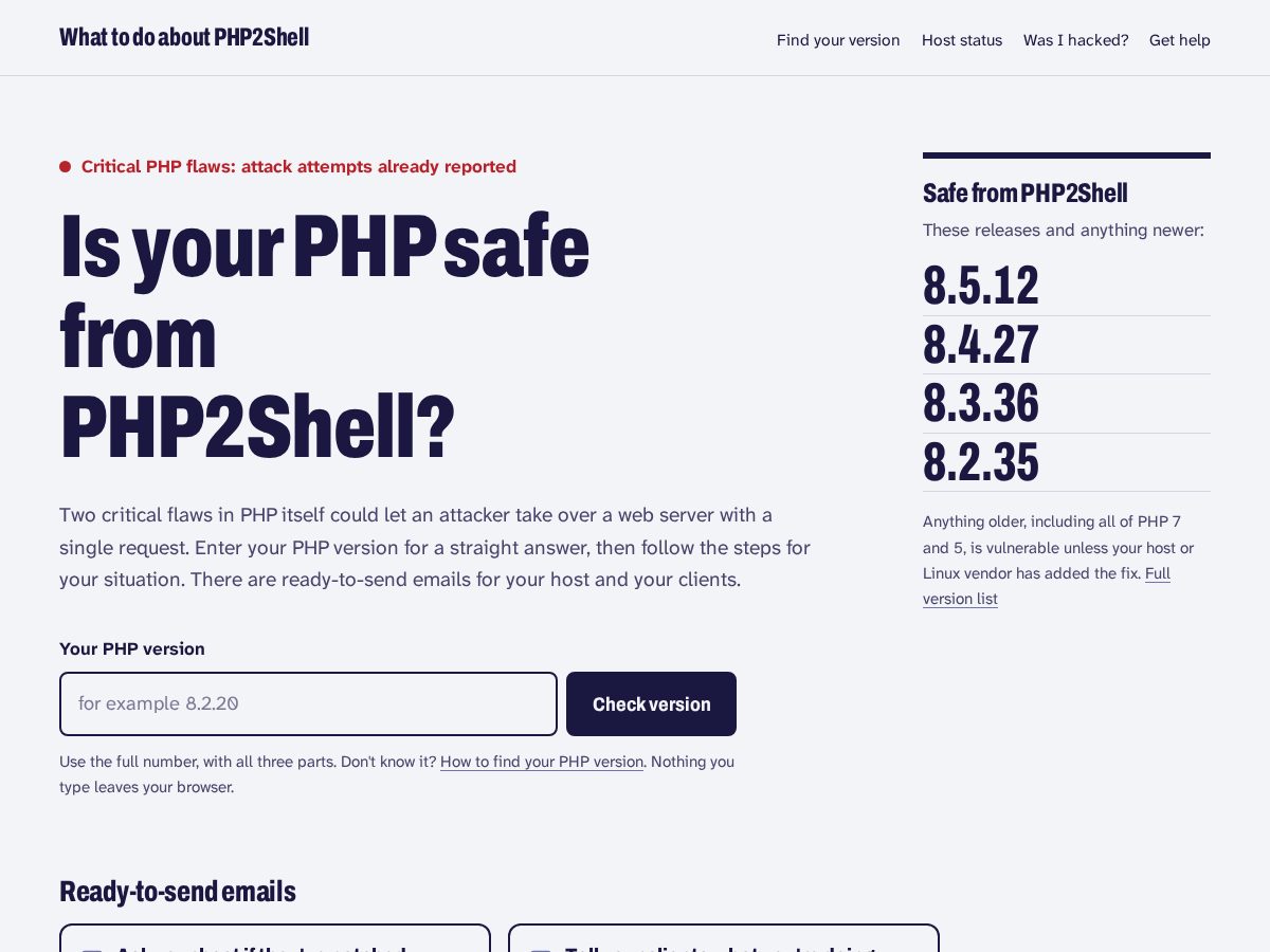 Landing-page snapshot of whattodoaboutphp2shell.com