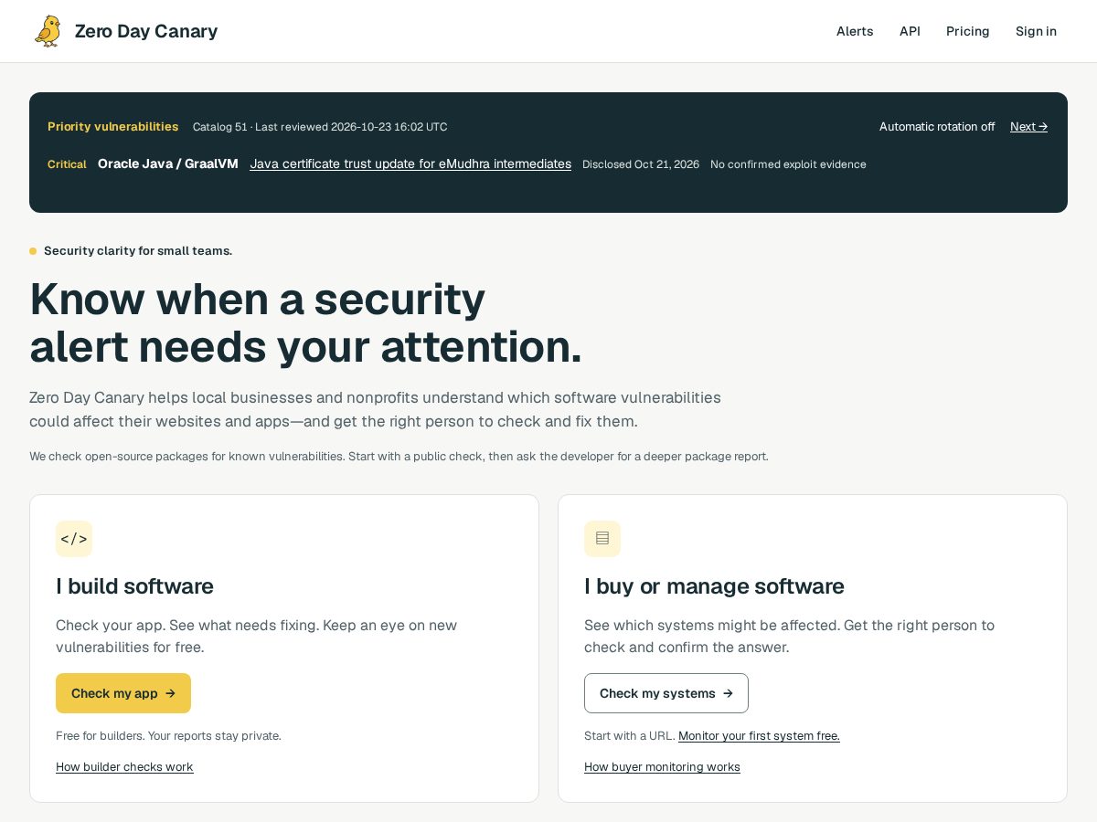 Landing-page snapshot of zerodaycanary.com