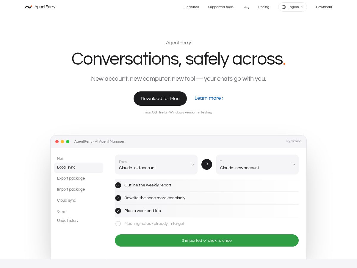 Landing-page snapshot of agentferry.app