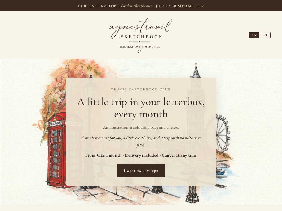 Landing-page snapshot of agnestravelsketchbook.com