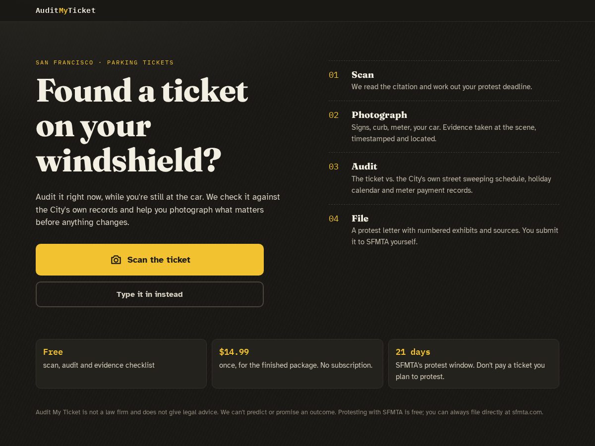 Landing-page snapshot of auditmyticket.com