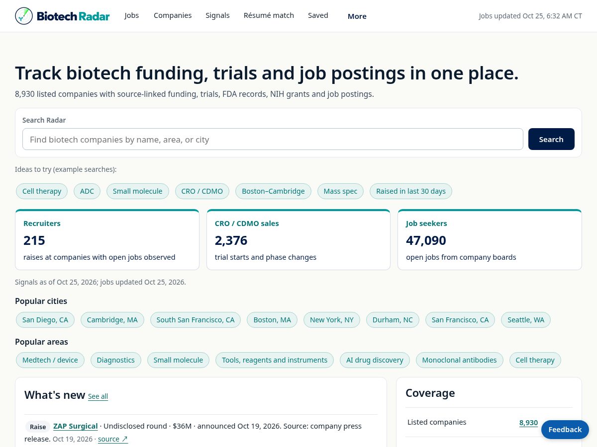 Landing-page snapshot of biotech-radar.com