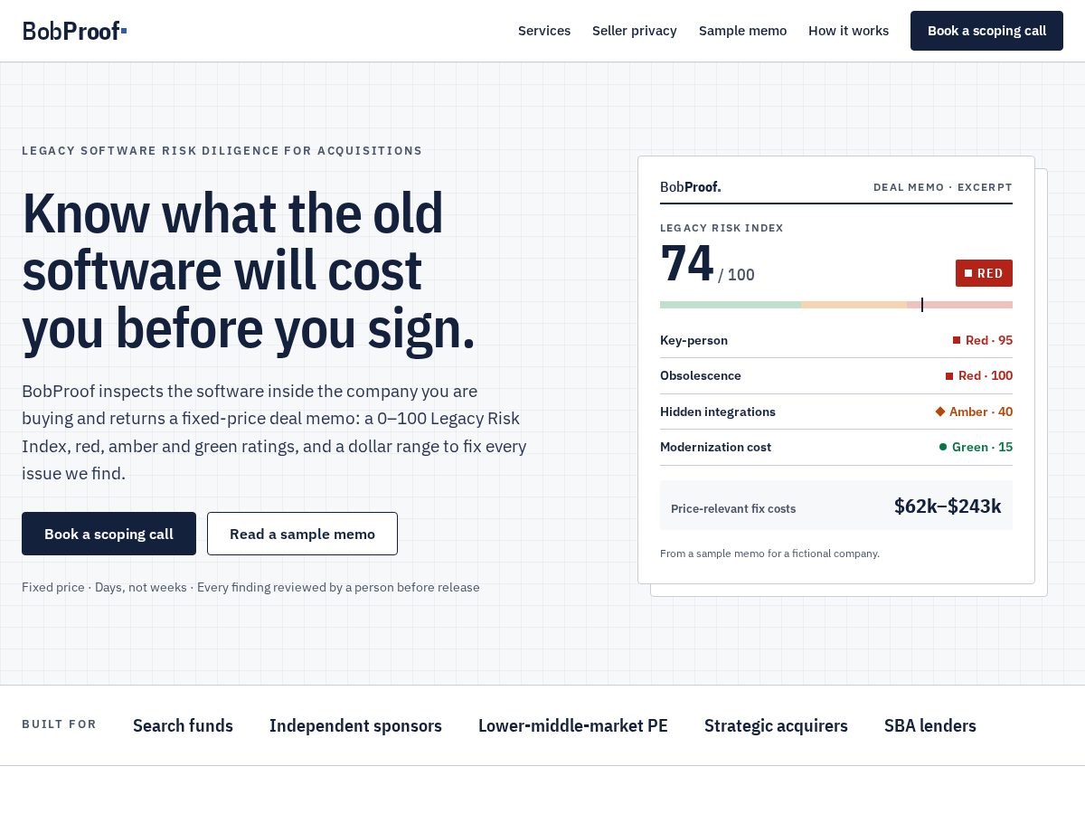Landing-page snapshot of bobproof.com