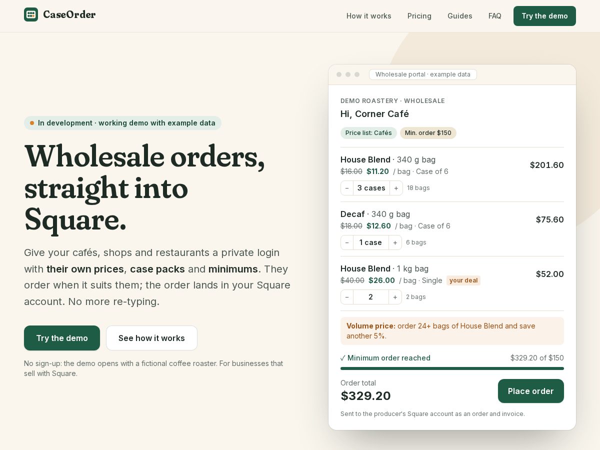 Landing-page snapshot of caseorder.app