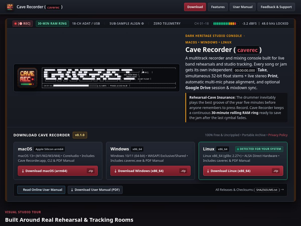 Landing-page snapshot of caverec.app