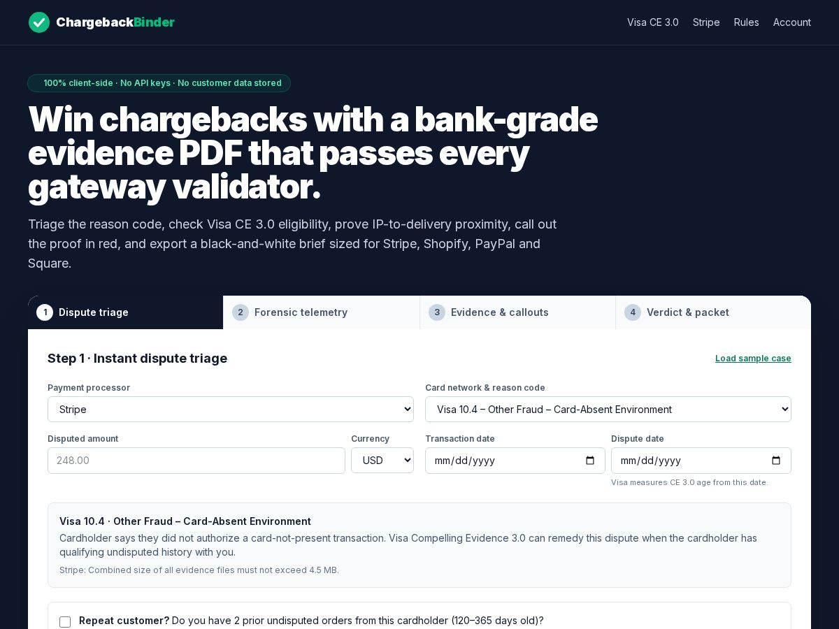 Landing-page snapshot of chargebackbinder.com