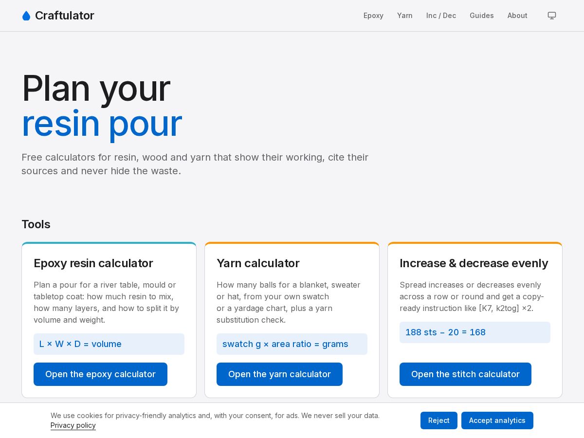 Landing-page snapshot of craftulator.com