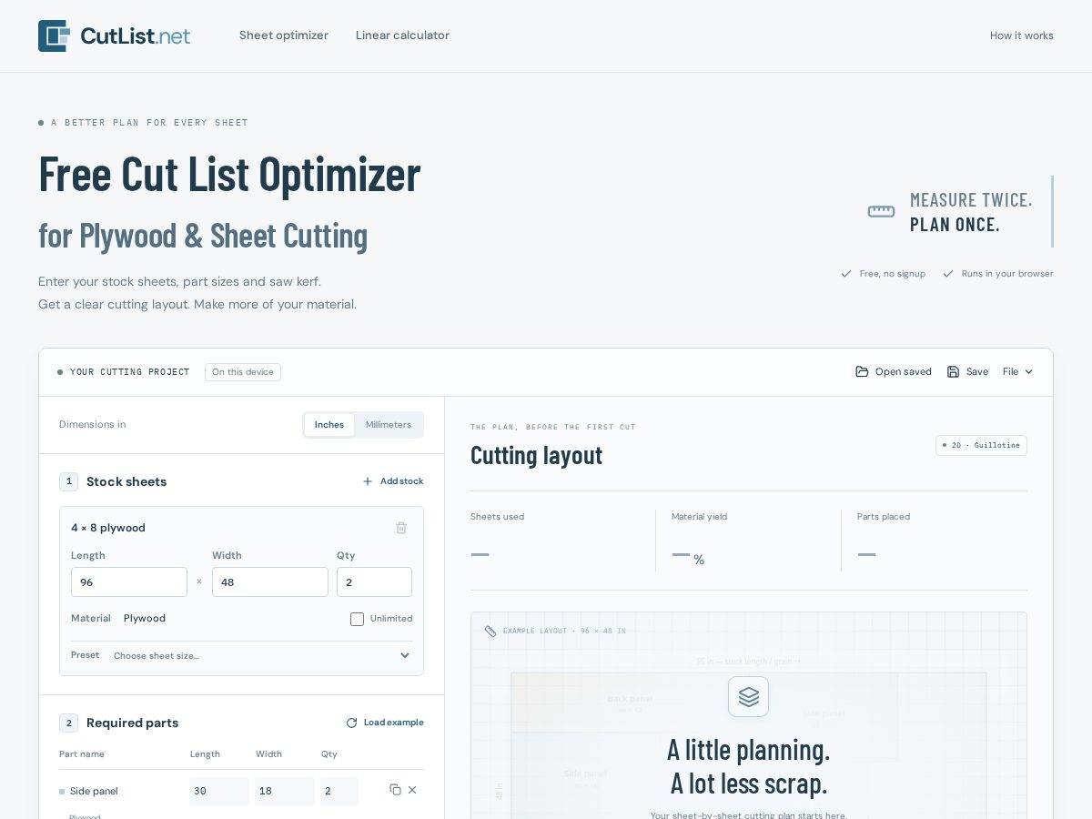 Landing-page snapshot of cutlist.net