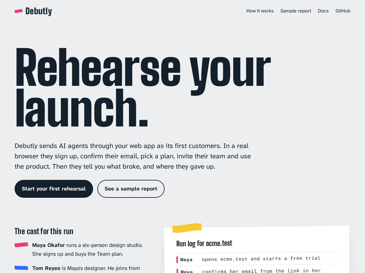 Landing-page snapshot of debutly.dev