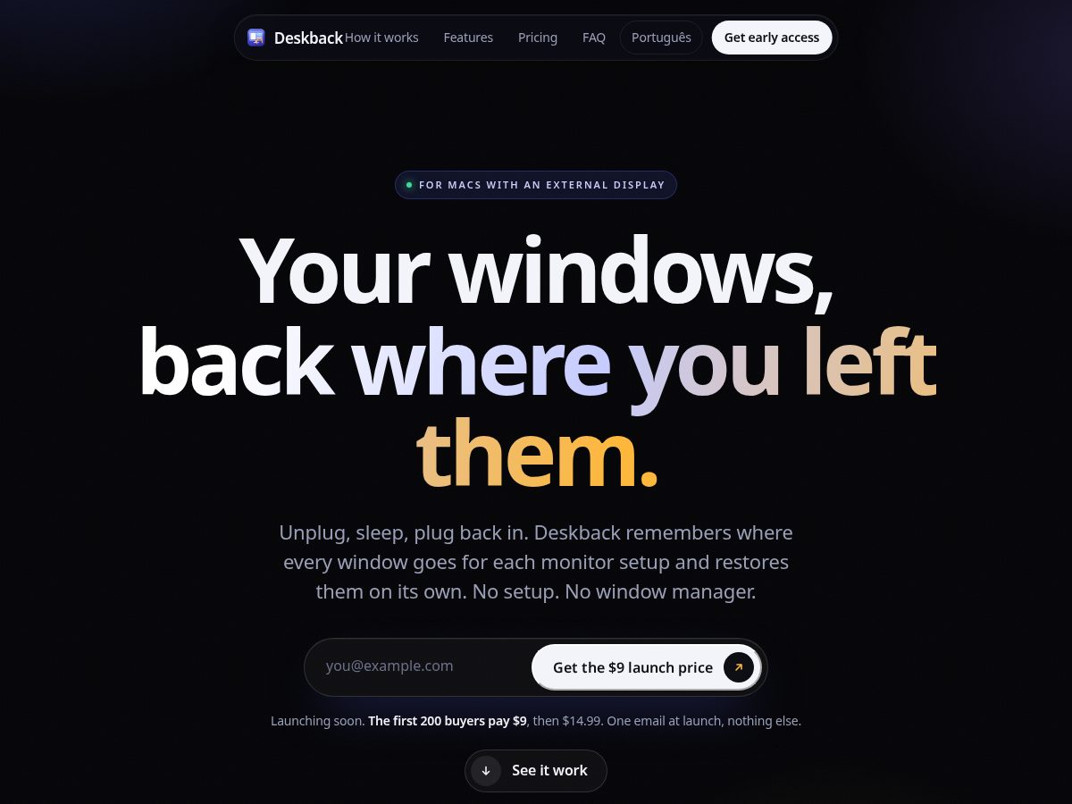 Landing-page snapshot of deskback.app