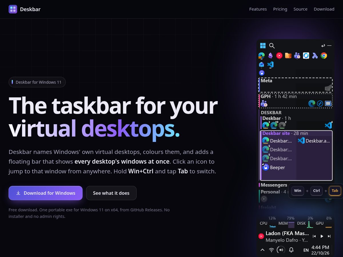 Landing-page snapshot of deskbar.app