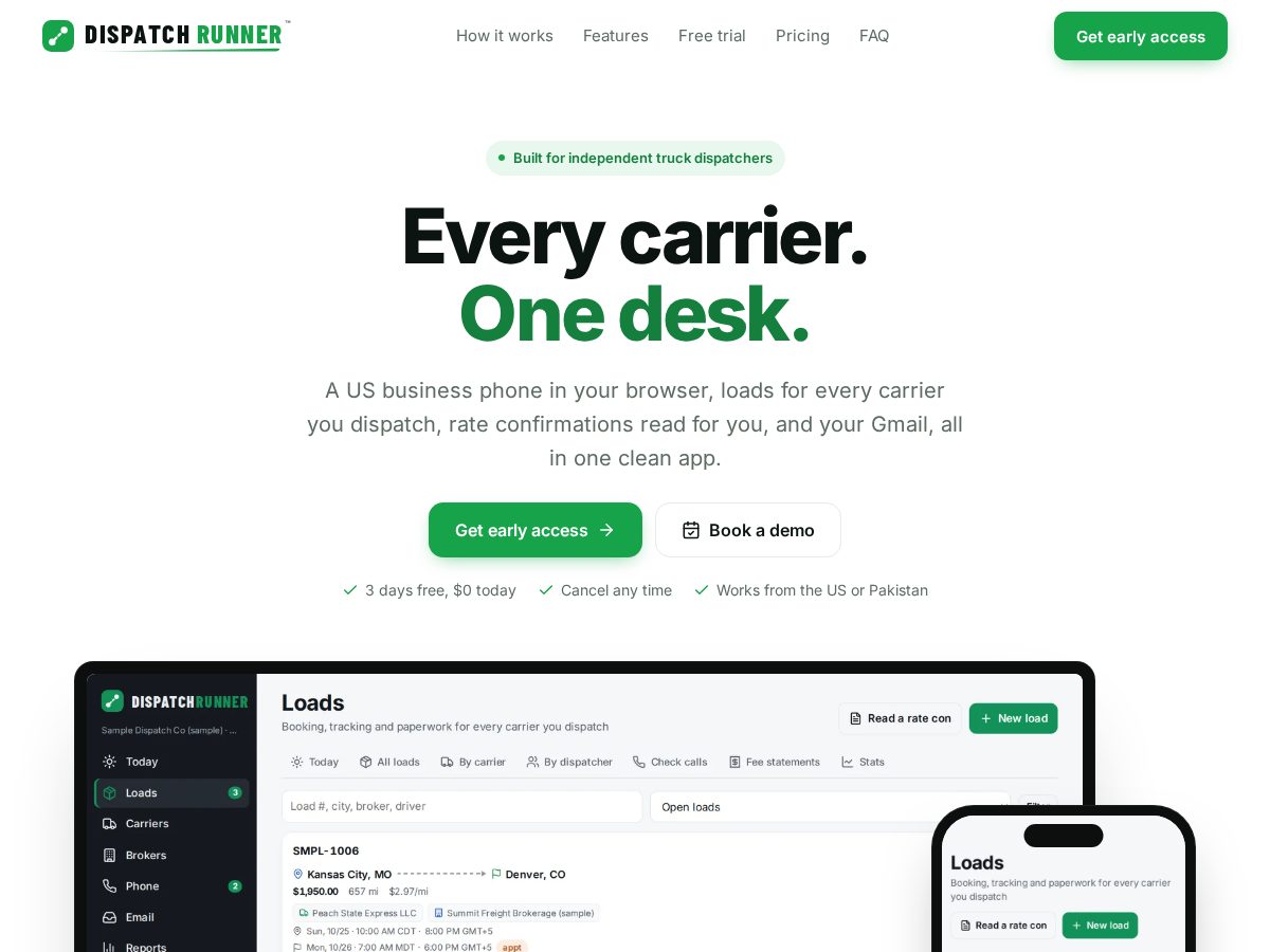 Landing-page snapshot of dispatchrunnerapp.com