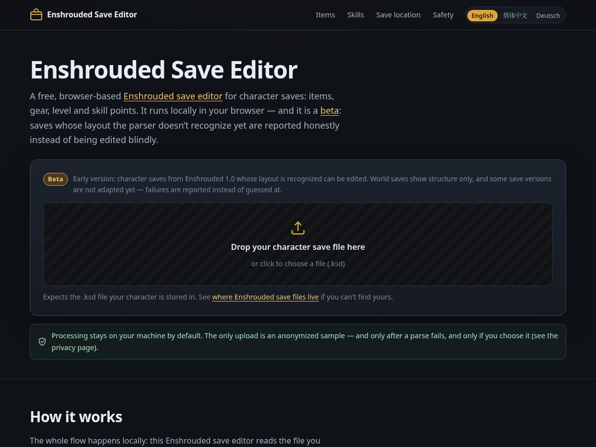 Landing-page snapshot of enshroudedsaveeditor.com
