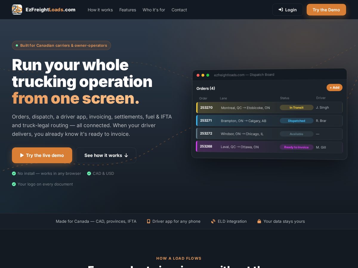 Landing-page snapshot of ezfreightloads.org