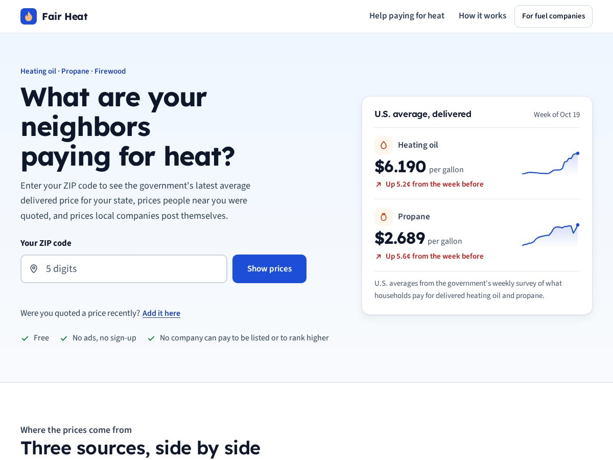 Landing-page snapshot of fairheatprices.com