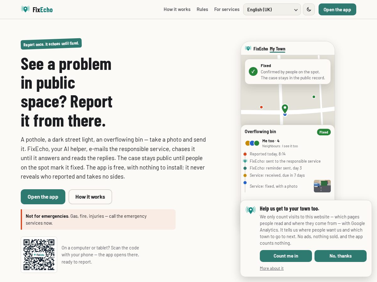 Landing-page snapshot of fixecho.com