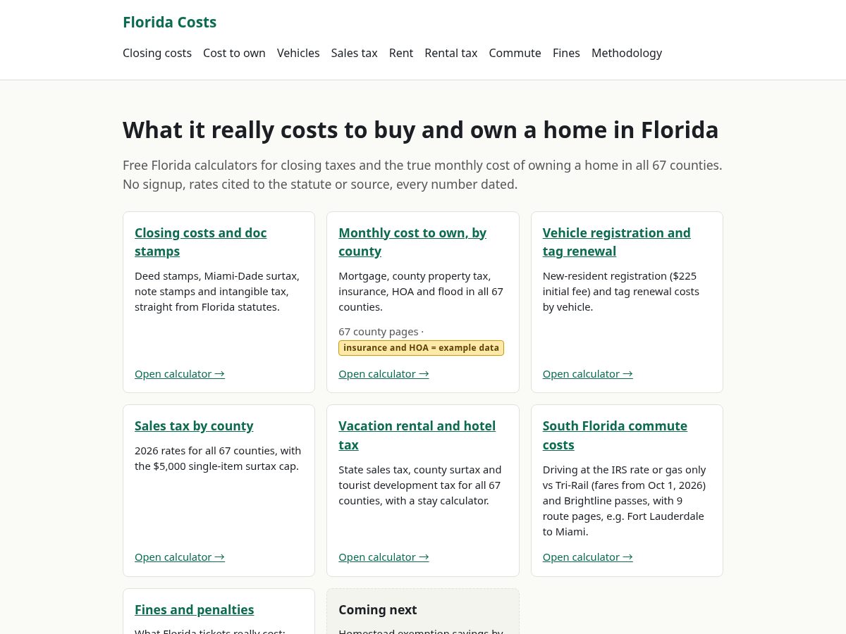 Landing-page snapshot of floridacosts.com