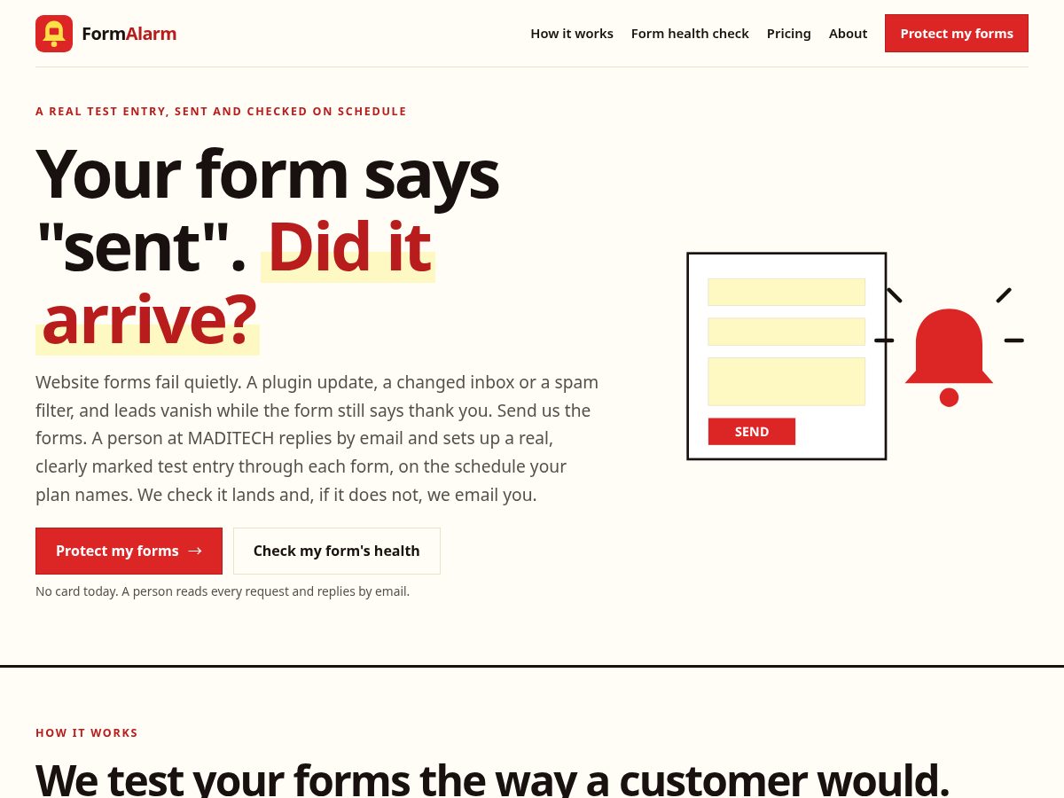 Landing-page snapshot of formalarm.com