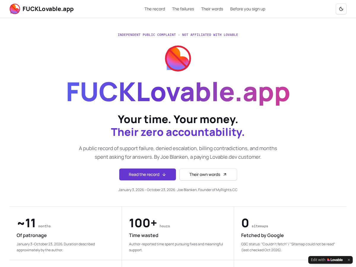 Landing-page snapshot of fucklovable.app