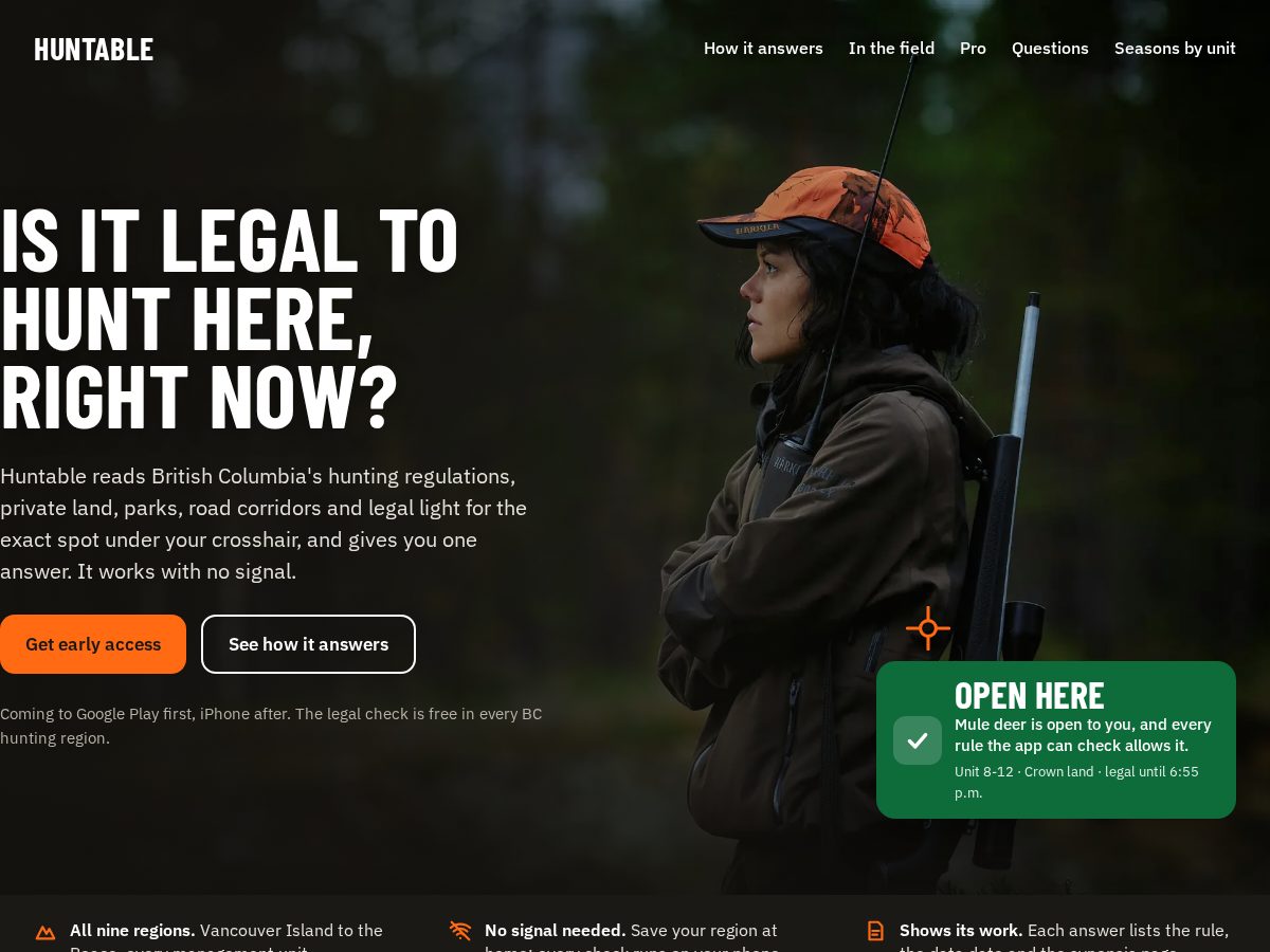 Landing-page snapshot of gethuntable.app