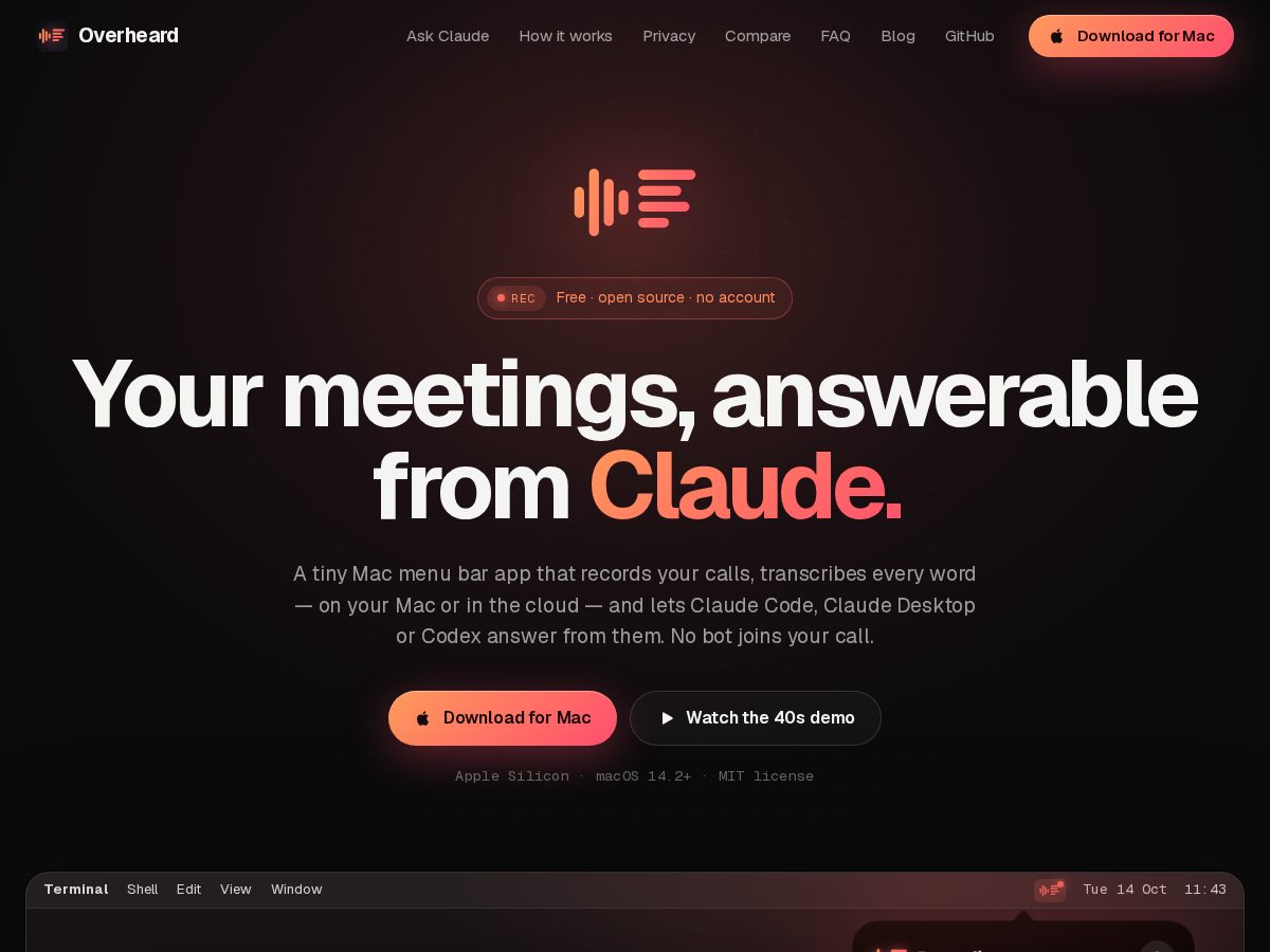 Landing-page snapshot of getoverheard.dev
