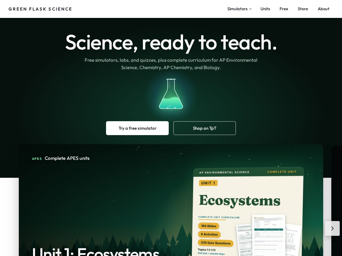 Landing-page snapshot of greenflaskscience.com